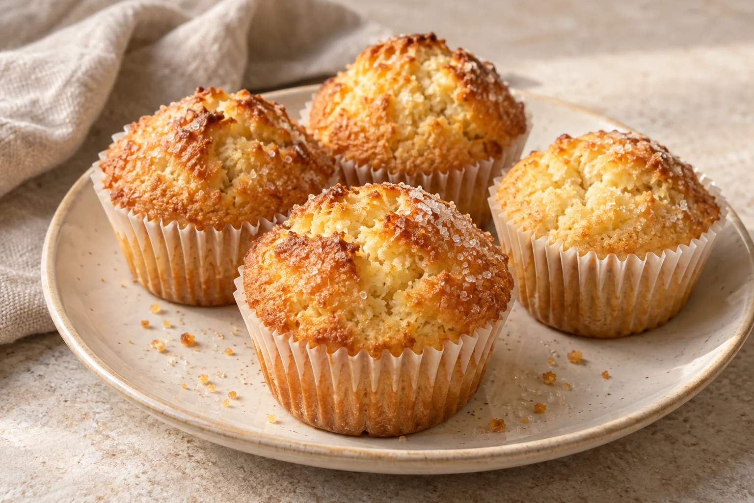 Small golden rice-flour cakes in white paper muffin liners with slightly cracked domes and irregular sugar crystals, without icing or fruit