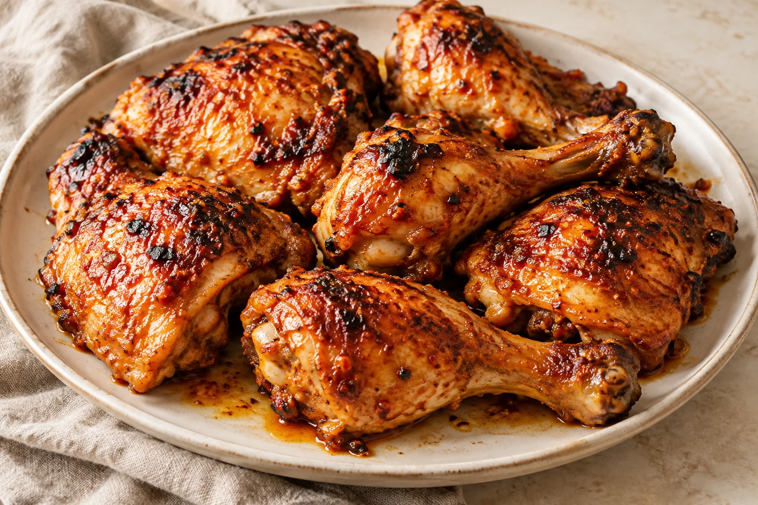 Roasted bone-in chicken thighs and drumsticks brushed with red-orange chili sauce and naturally irregular browned patches, without garnish