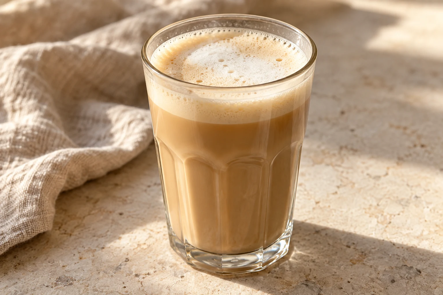 Tall clear heatproof glass of light tan coffee and hot milk with a thin uneven foam cap, without latte art or cinnamon
