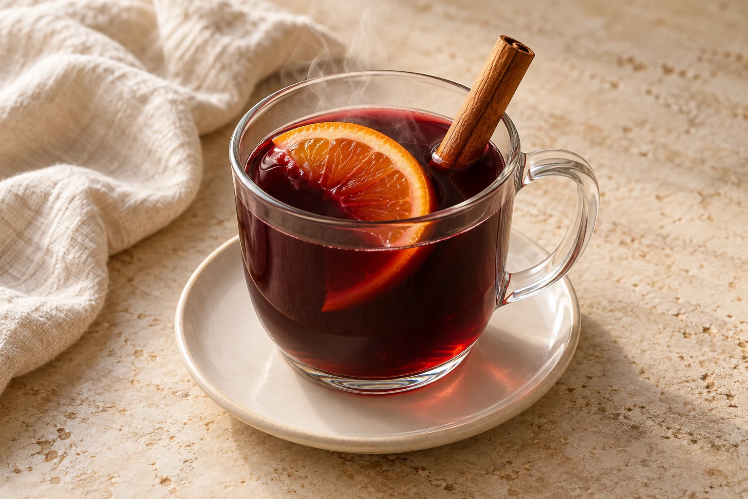 Warm dark red mulled wine in a clear heatproof mug with a loose orange half-slice and cinnamon stick, without other garnish