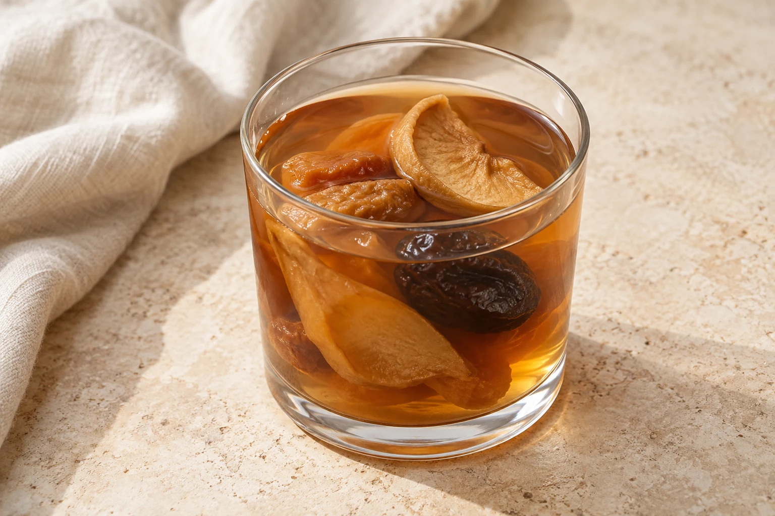 Amber-brown dried-fruit drink in a clear glass with softened apple, pear, and prune pieces in the liquid, without ice or garnish