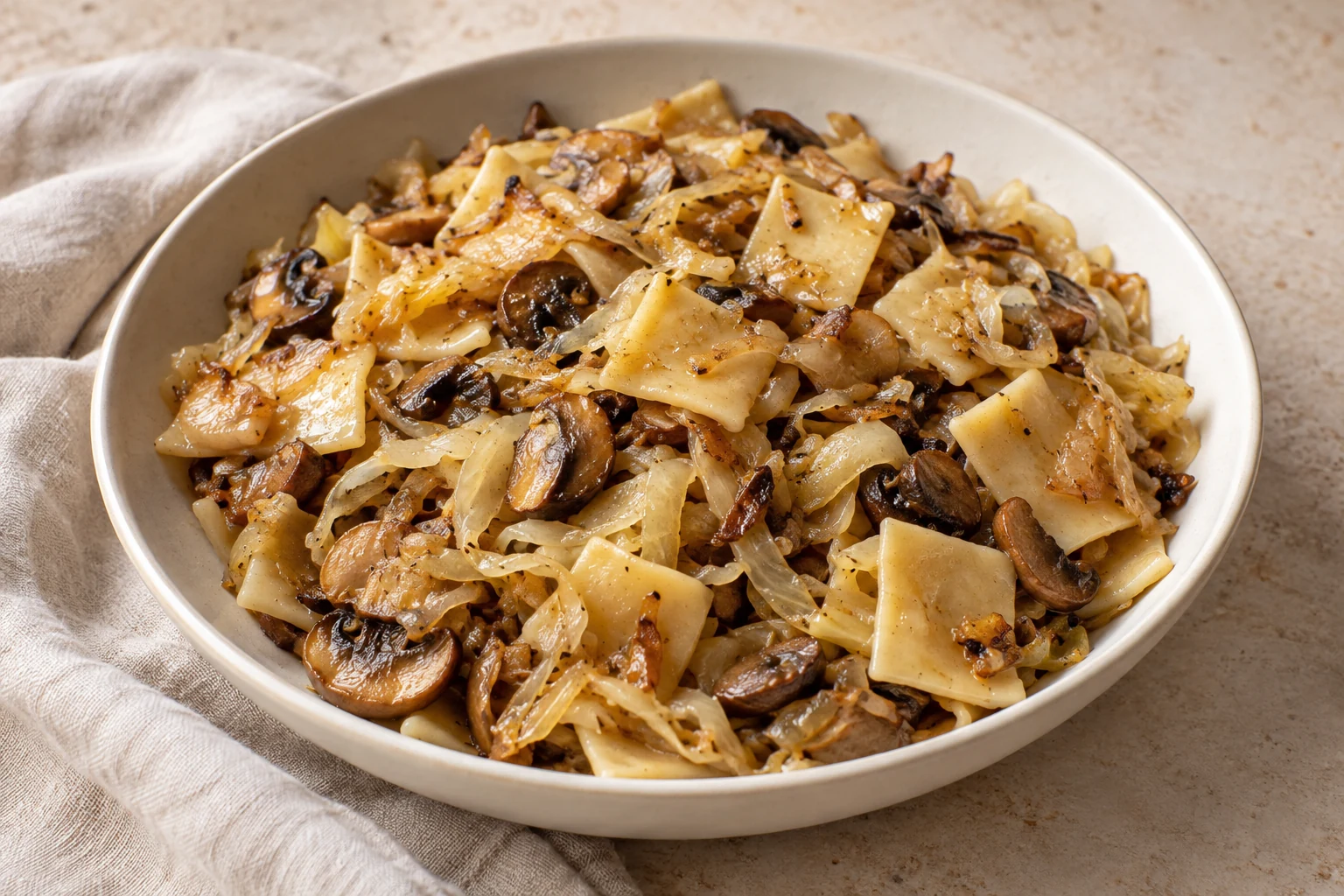 Small pasta squares mixed with soft cabbage, unevenly browned mushroom pieces, and golden onion, without garnish