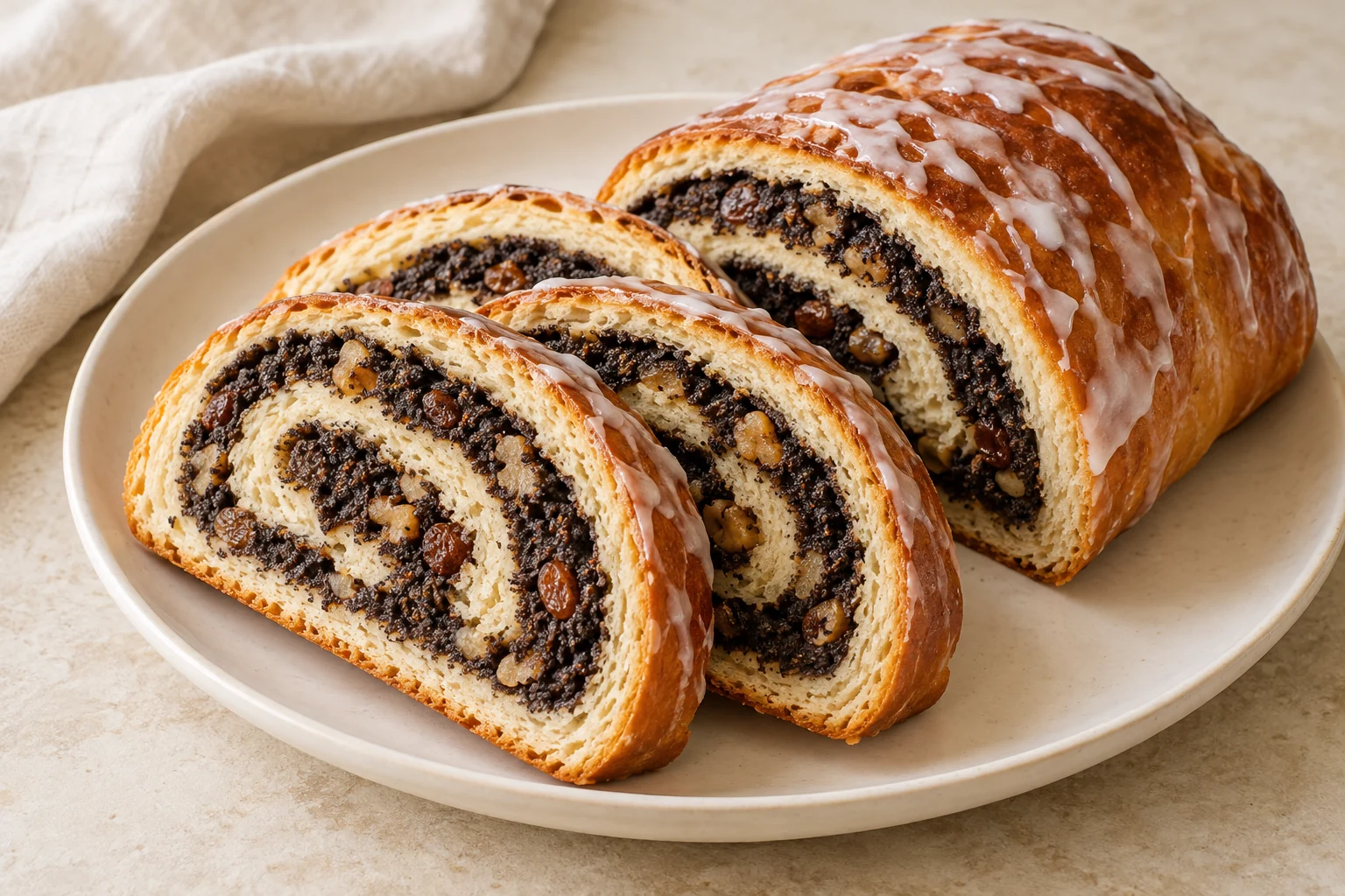 Slices of yeast roll with a dark poppy-seed spiral, occasional raisin and walnut pieces, and a thin irregular white glaze