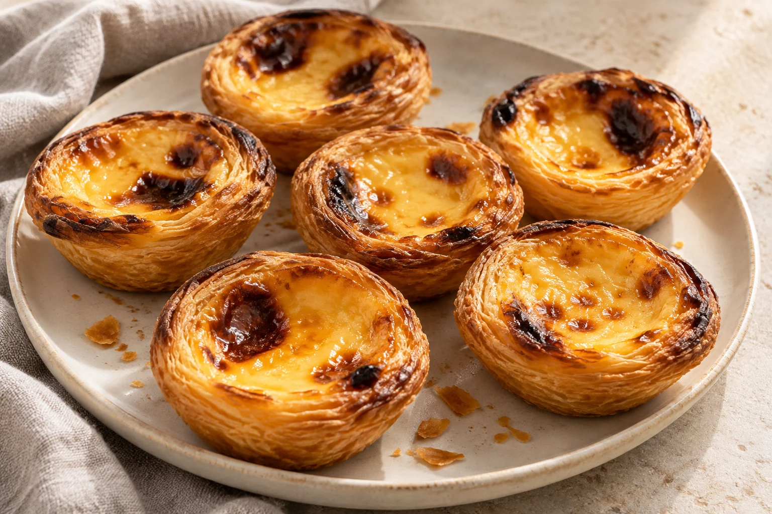 Small flaky puff-pastry custard tarts with yellow filling and naturally uneven dark brown blisters, without powdered sugar or garnish