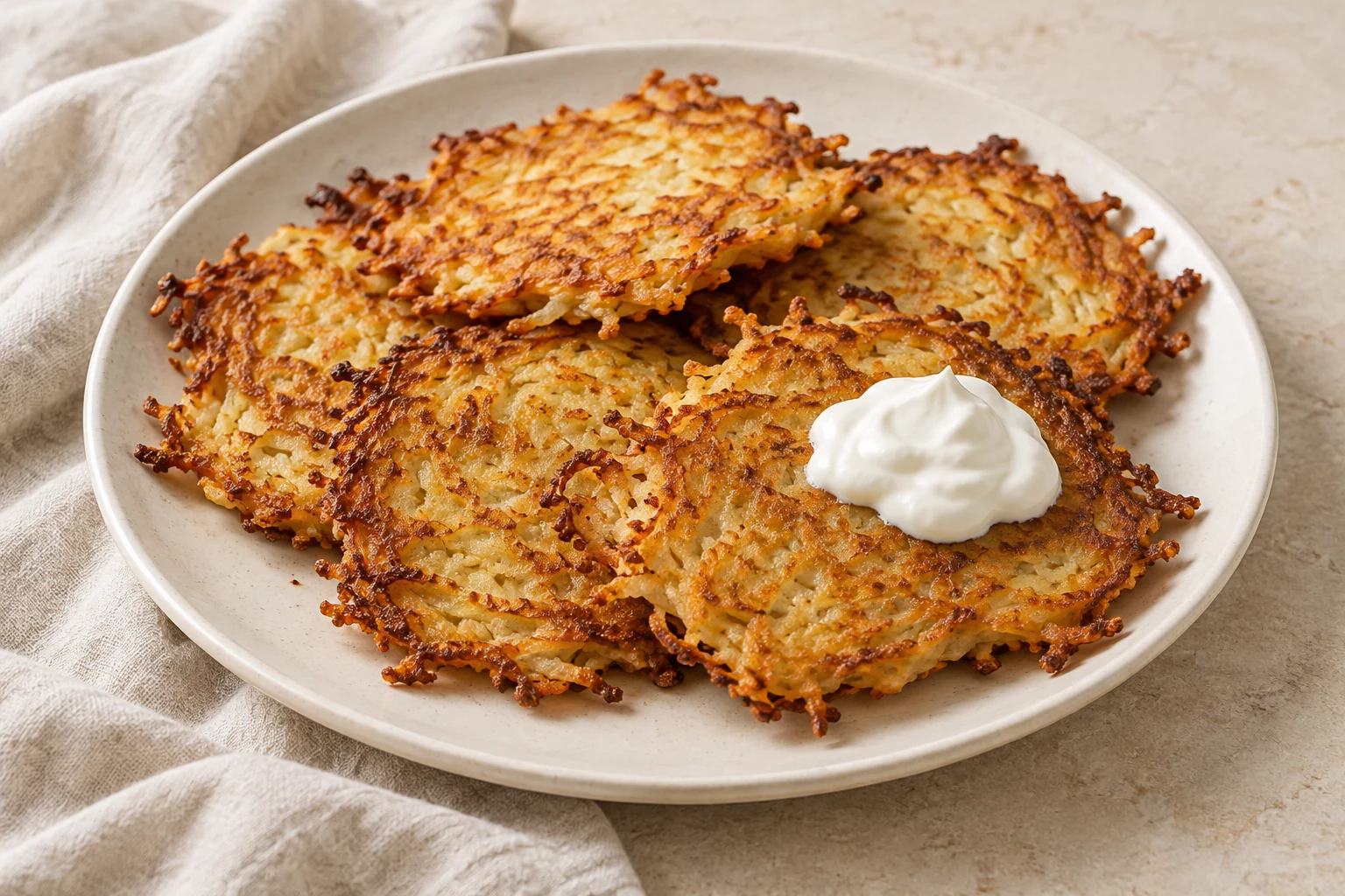 Golden potato pancakes with ragged edges and varied browning, loosely arranged beside a small dollop of sour cream