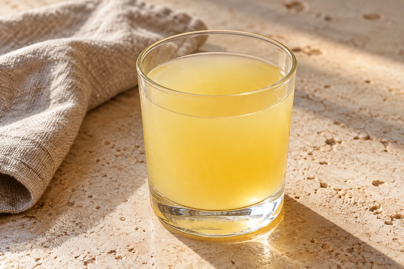 Small clear glass of cloudy pale lemon-yellow poncha, without ice or garnish
