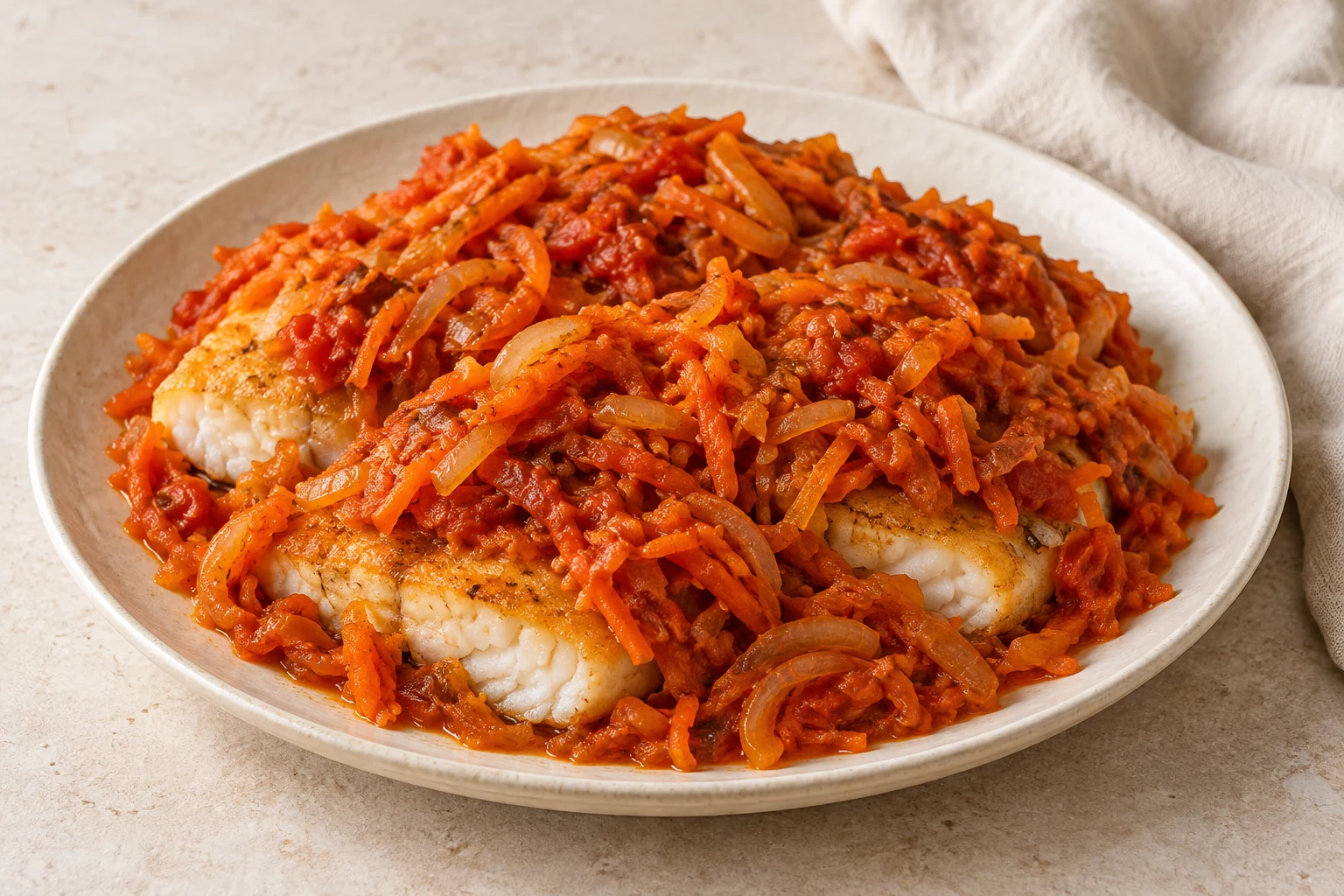 White fish pieces partly covered by a rustic orange topping of shredded carrots, root vegetables, onion, and tomato, without fresh garnish