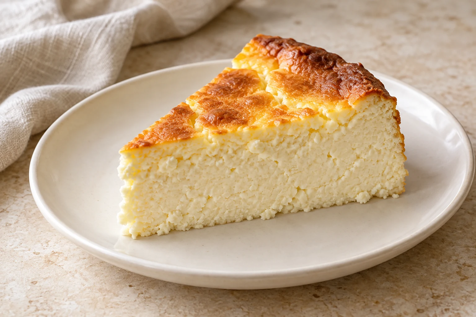 Plain crustless Polish cheesecake wedge with a golden slightly cracked top and a pale firm interior, without fruit or topping