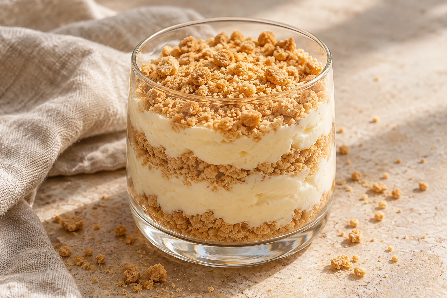 Small clear glass with soft white cream layers and thin tan Maria biscuit crumb layers, finished with uneven fine crumbs and no fruit garnish