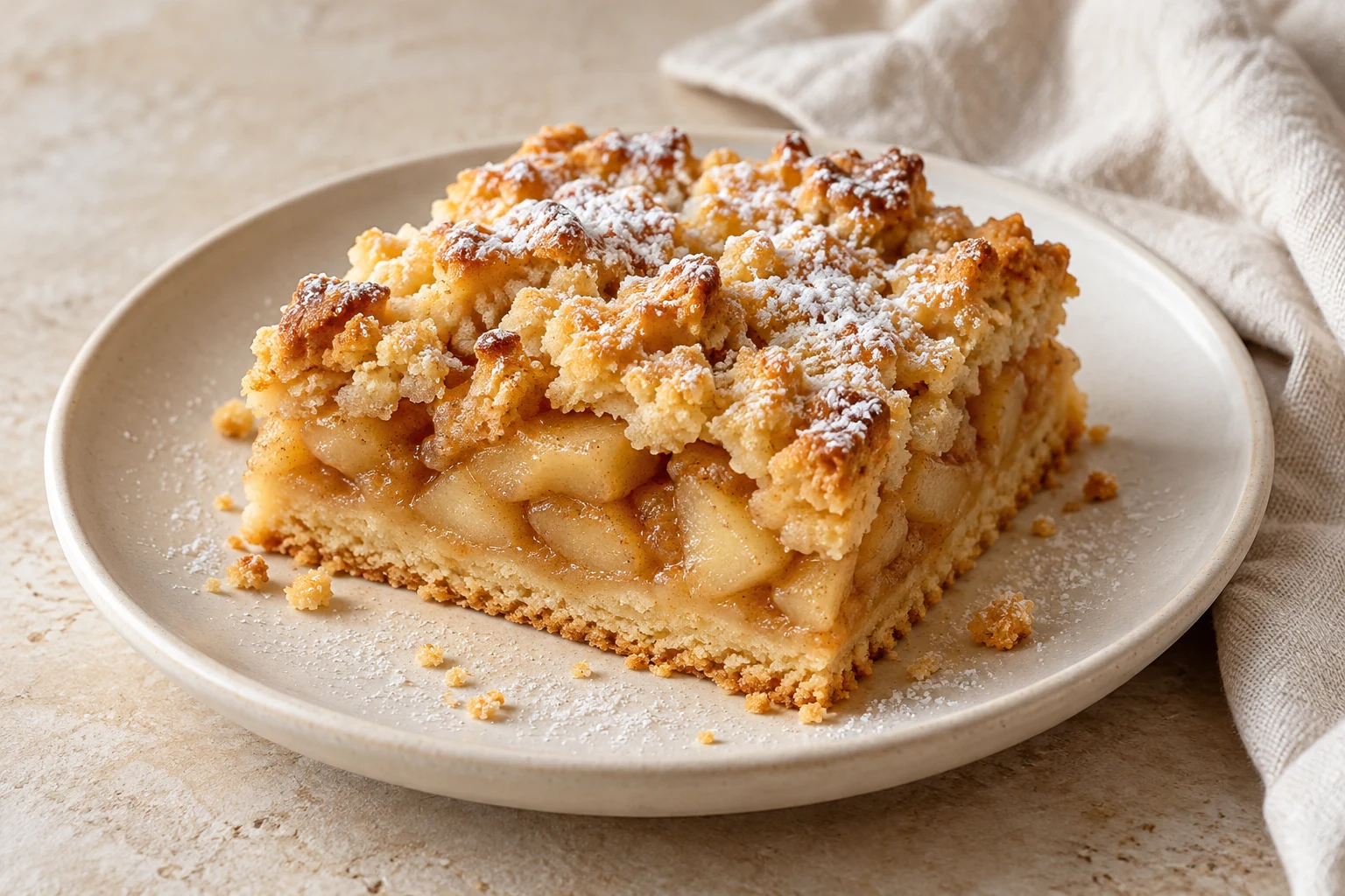Square slice of apple shortcrust cake with a thick apple layer, rustic crumbled pastry top, and a light uneven dusting of powdered sugar