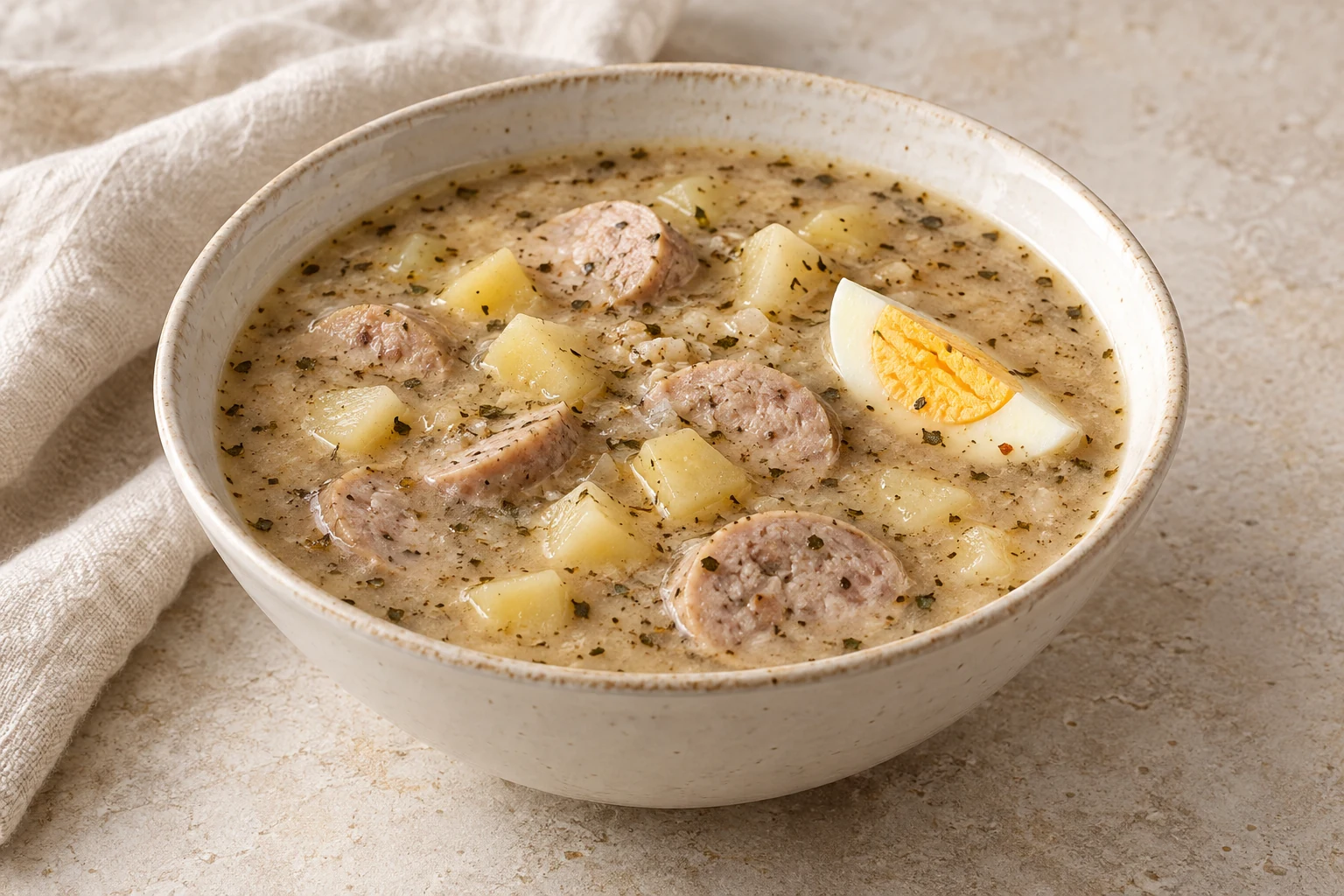 Creamy beige rye soup with pale sausage slices, potato cubes, a hard-boiled egg wedge, and scattered marjoram flecks