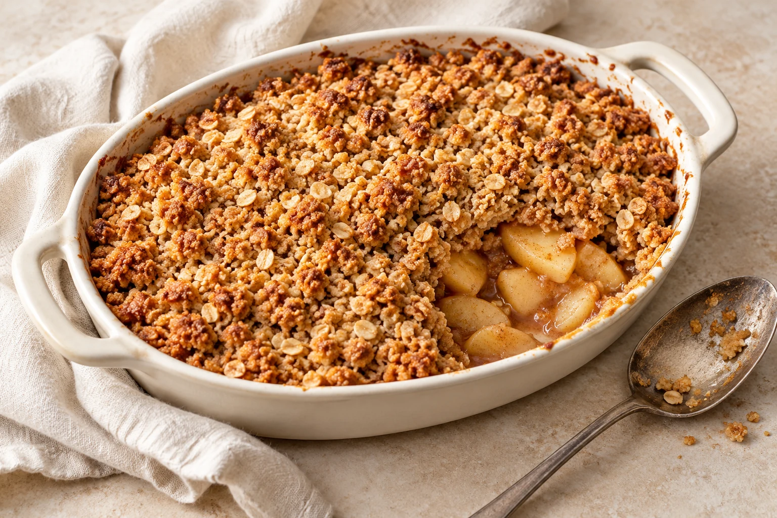 Tender cinnamon apples under a golden oat crumble topping in an ivory baking dish