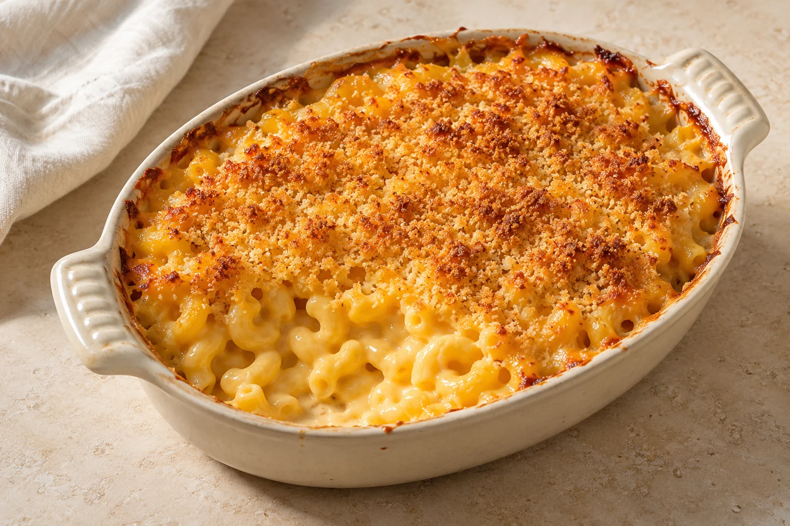 Creamy elbow macaroni and cheese baked under a golden breadcrumb crust in an ivory casserole