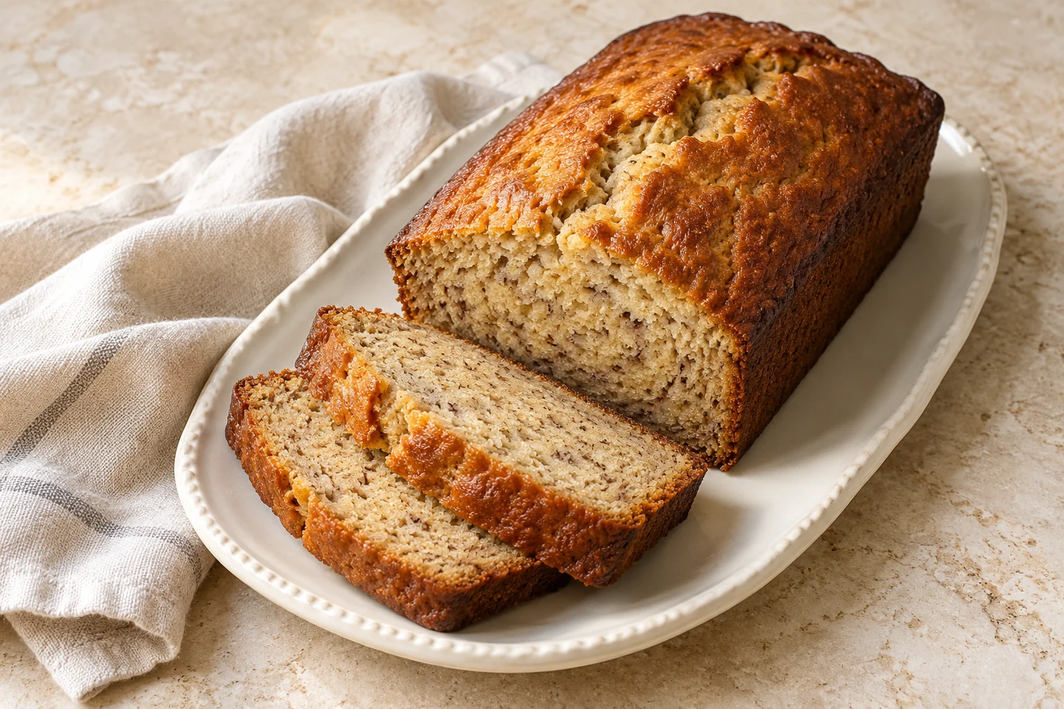 A plain golden banana bread loaf with thick slices on a cream ceramic platter