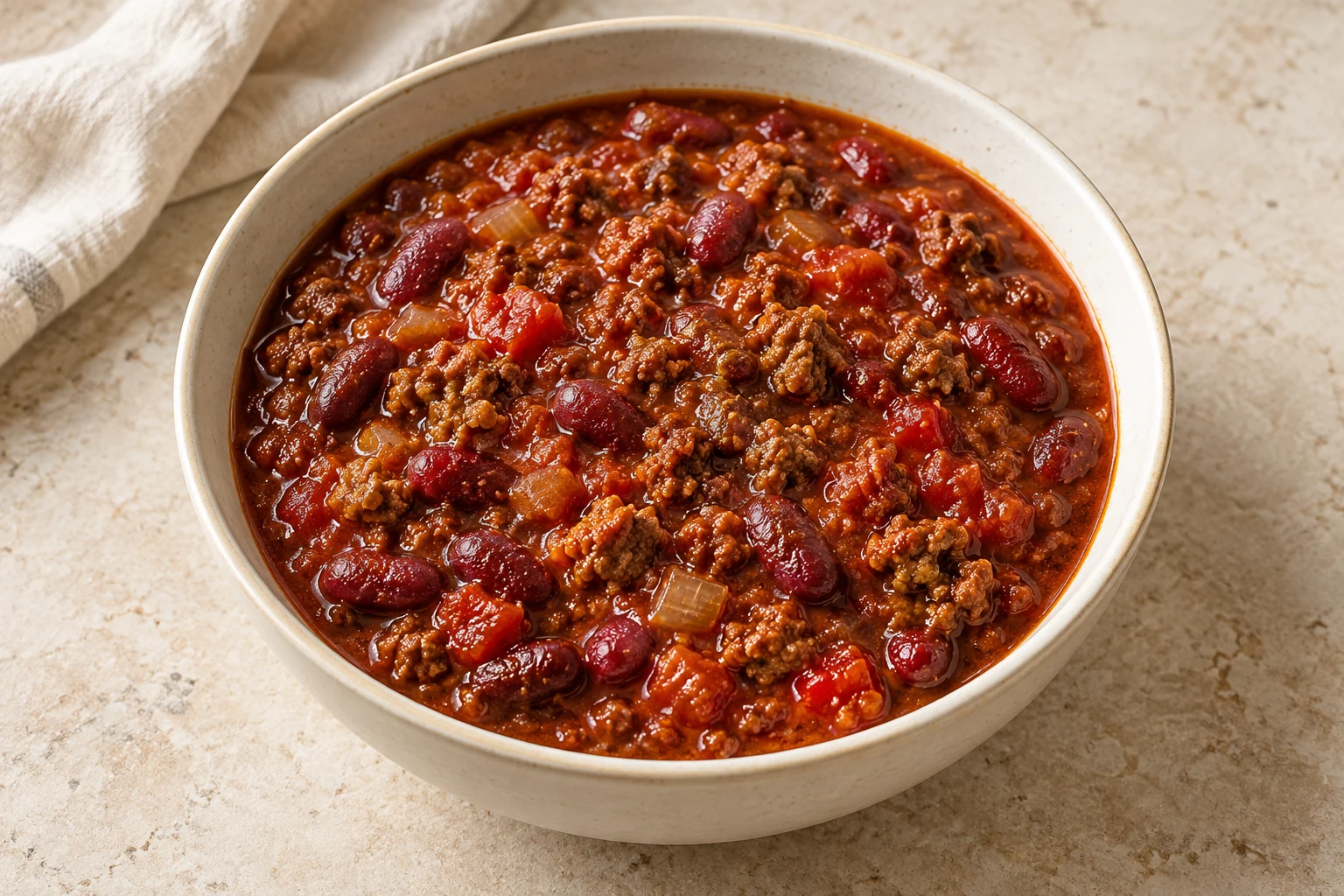 Thick beef and red kidney bean chili with tomatoes in a warm ivory bowl