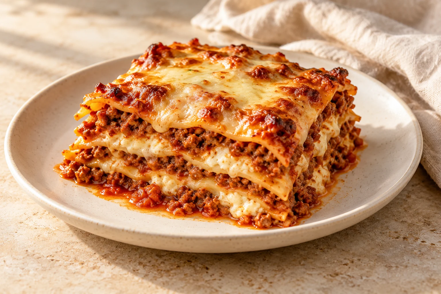 A generous square of layered beef lasagna with tomato sauce, ricotta, and golden melted mozzarella