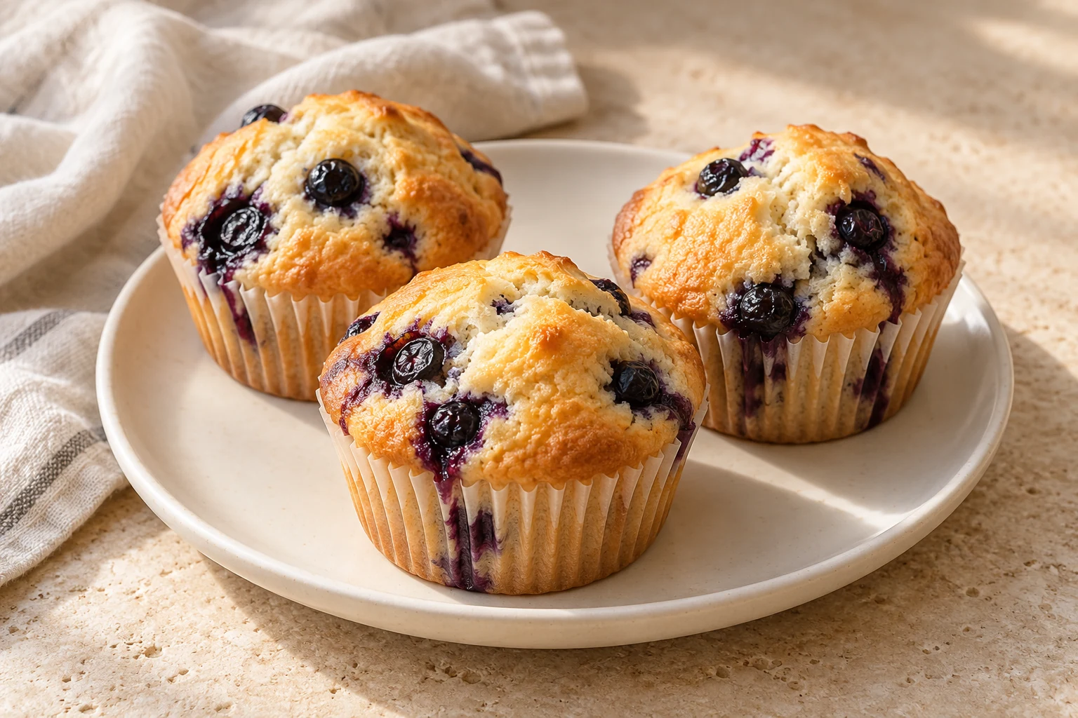 Golden blueberry muffins with visible blueberries in paper liners on an ivory plate