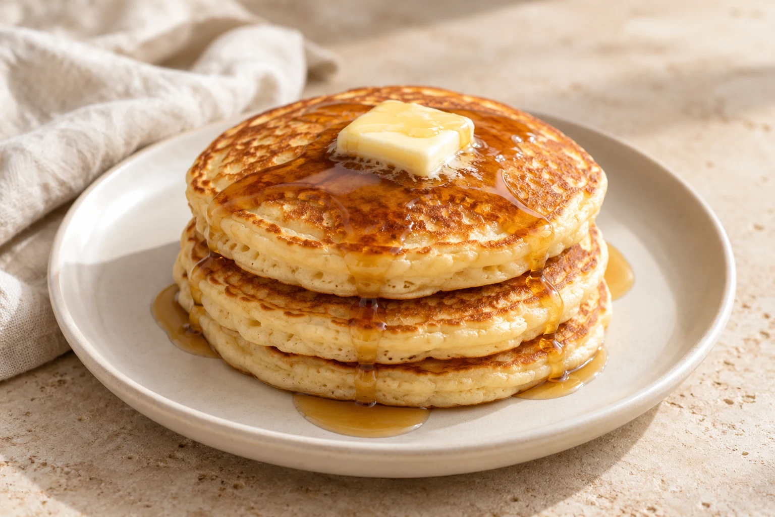 Golden buttermilk pancakes stacked on an ivory plate with butter and maple syrup