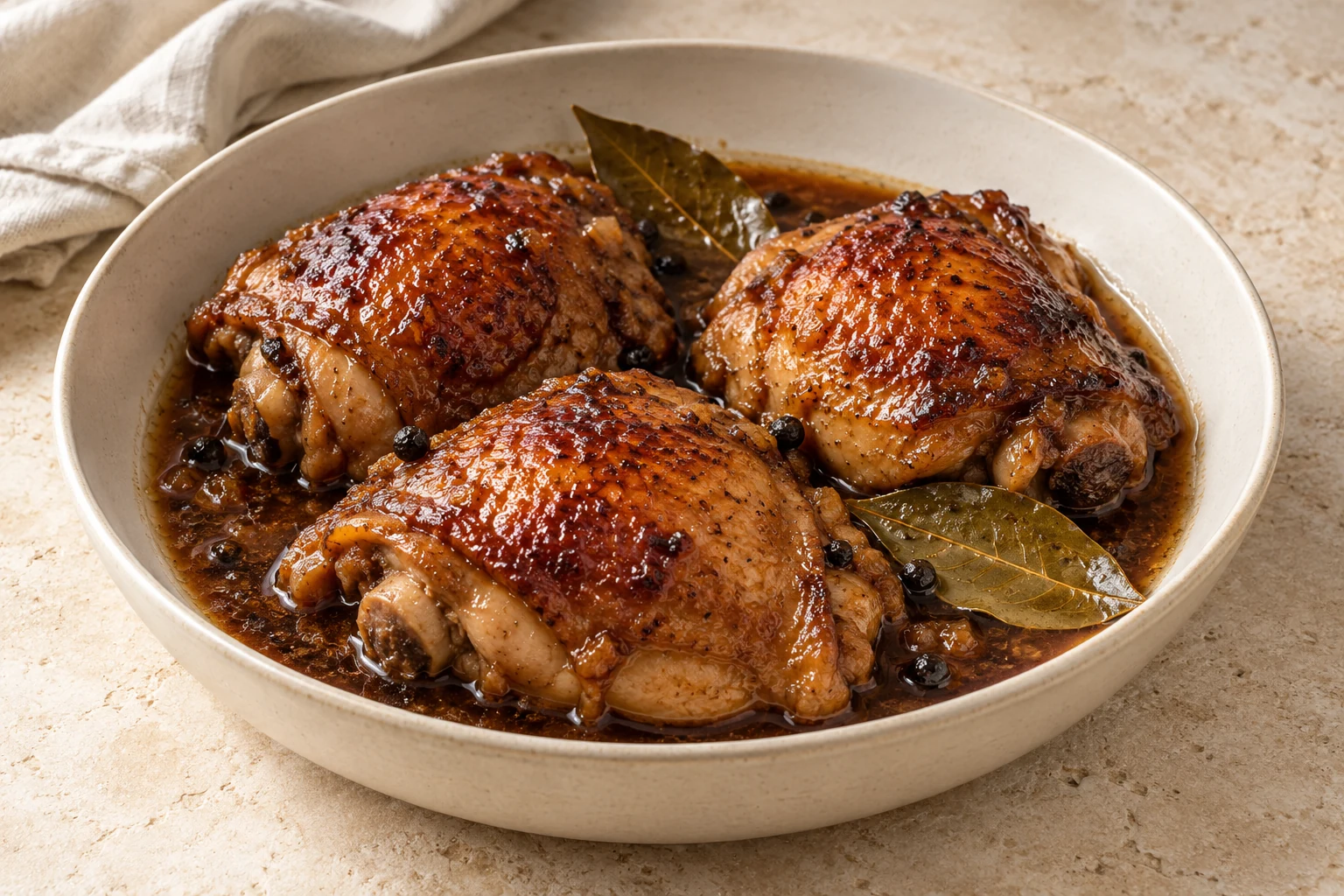 Bone-in chicken thighs coated in a dark soy and vinegar glaze with garlic and bay leaves in an ivory serving dish
