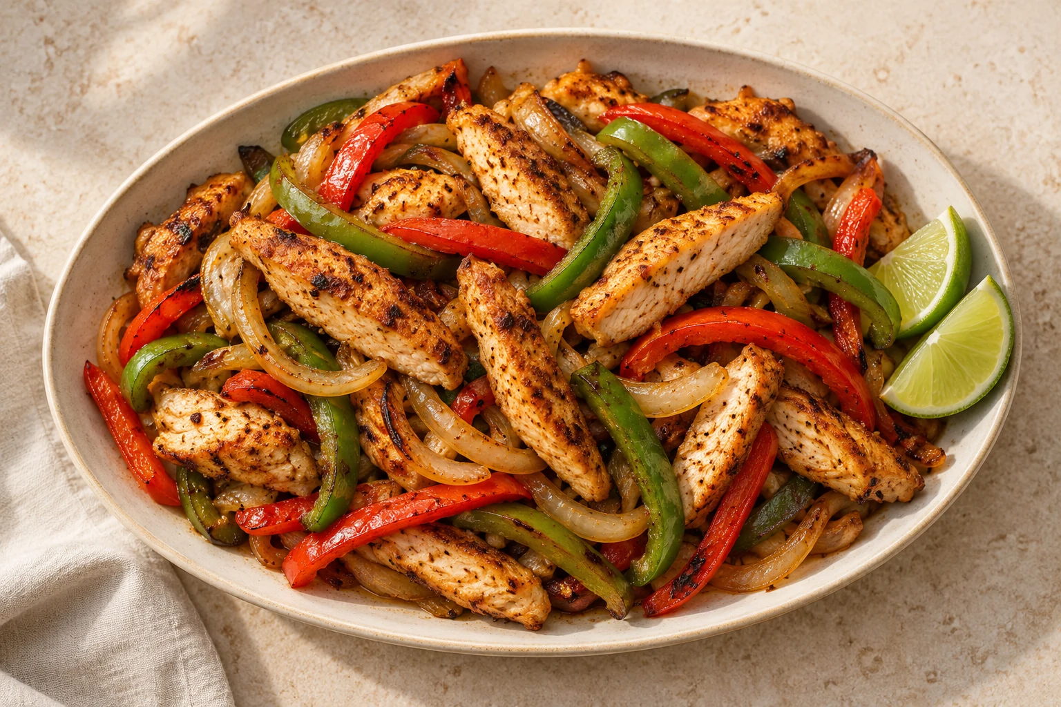 Seared chicken strips with red and green peppers, onions, and lime wedges in an ivory serving dish