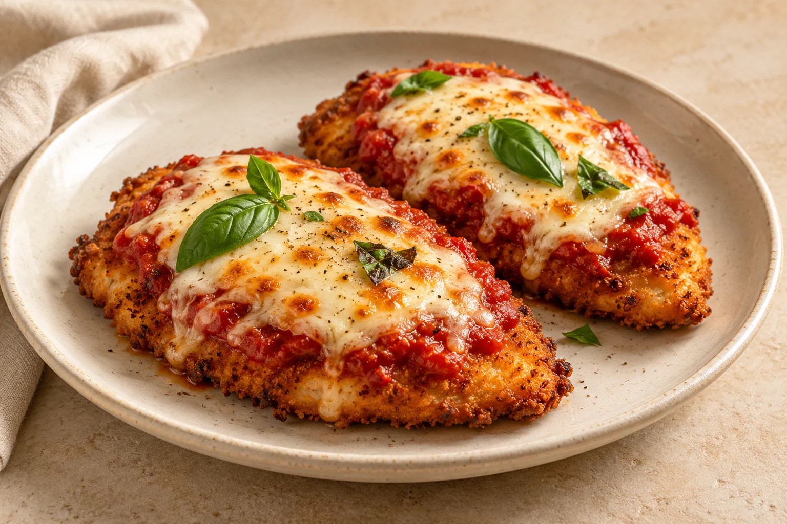 Golden breaded chicken cutlets topped with tomato sauce, melted mozzarella, and basil on an ivory plate