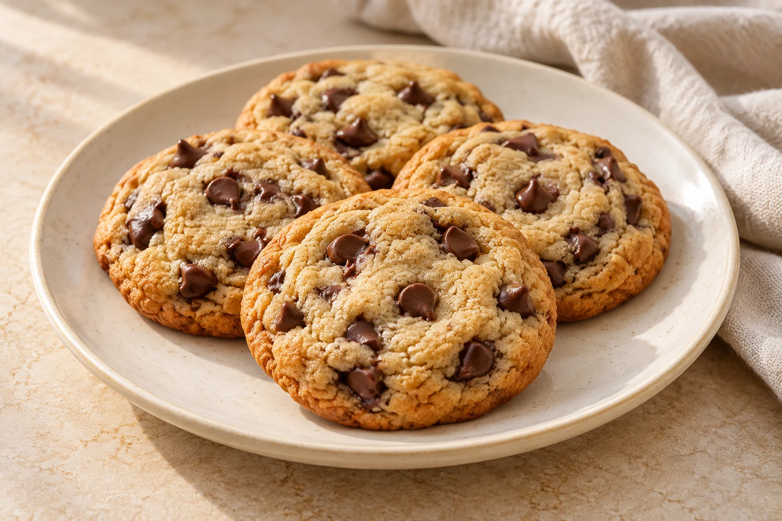 Golden chocolate chip cookies with softly cracked centers stacked on a cream plate