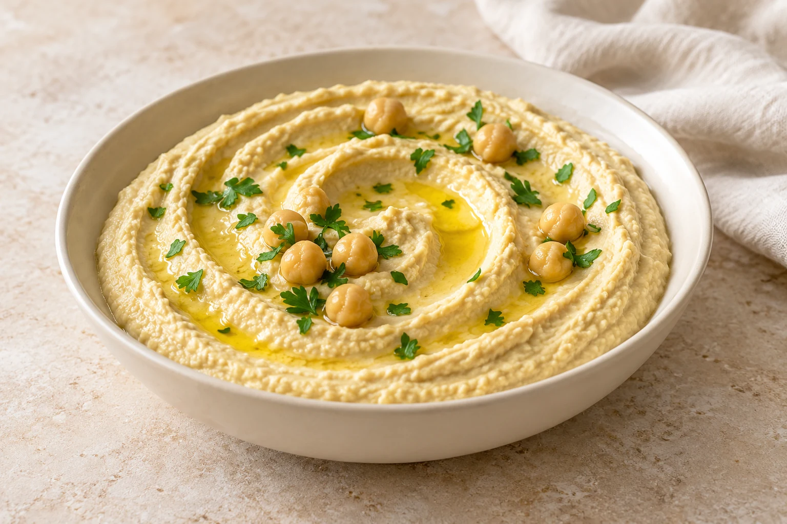 Creamy hummus swirled in an ivory bowl with olive oil and chopped parsley