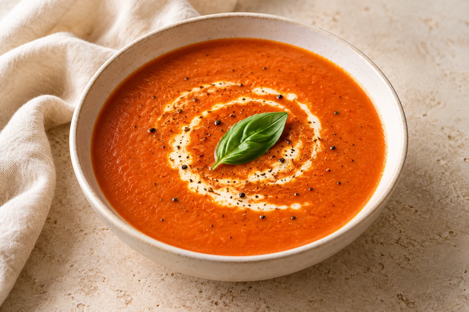 Smooth orange-red tomato soup in an ivory bowl with a small fresh basil garnish