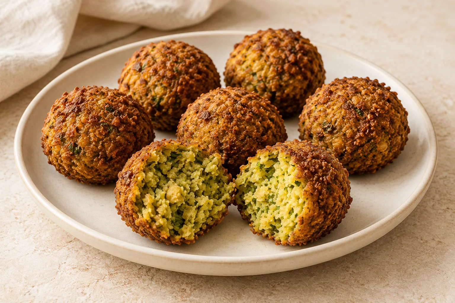 Golden-brown falafel balls on an ivory plate, with one cut open to reveal a green herb center