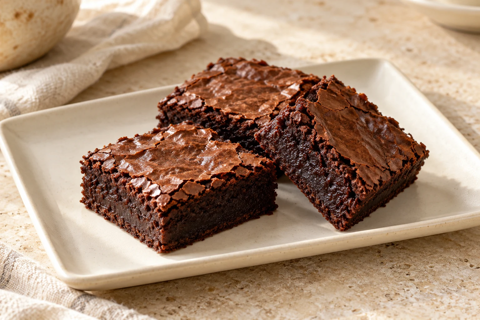 Plain chocolate brownie squares with shiny crackled tops and dense chocolate centers