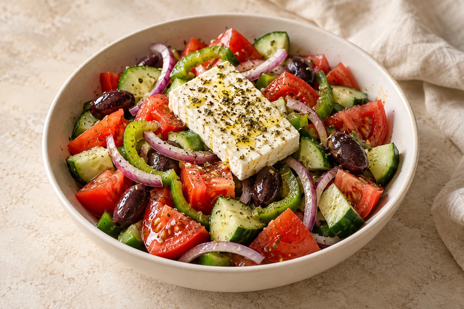 Greek salad with tomatoes, cucumber, green pepper, red onion, Kalamata olives and a slab of feta