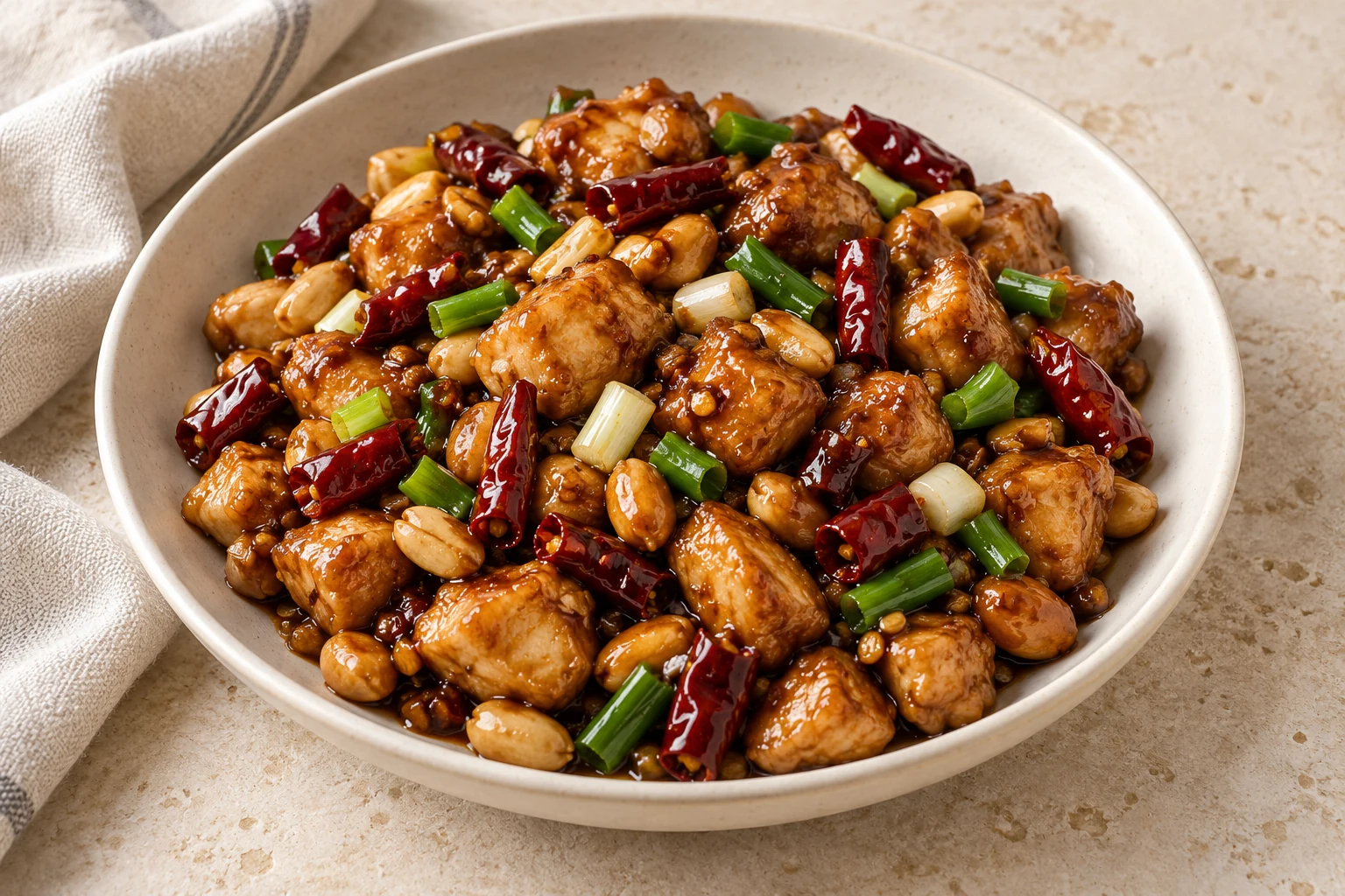 Glossy stir-fried chicken with roasted peanuts, dried red chiles, and scallions in an ivory bowl