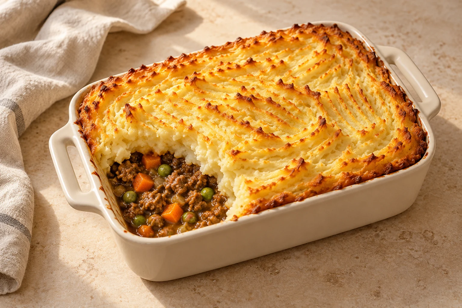 A spoonful of lamb, carrot, and pea filling beneath a ridged golden mashed potato topping in an ivory baking dish