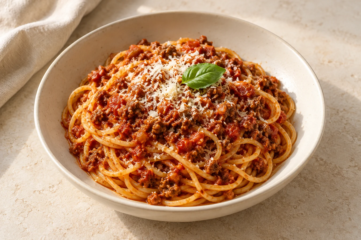 Spaghetti topped with a rich beef and tomato sauce and finely grated Parmesan in an ivory bowl