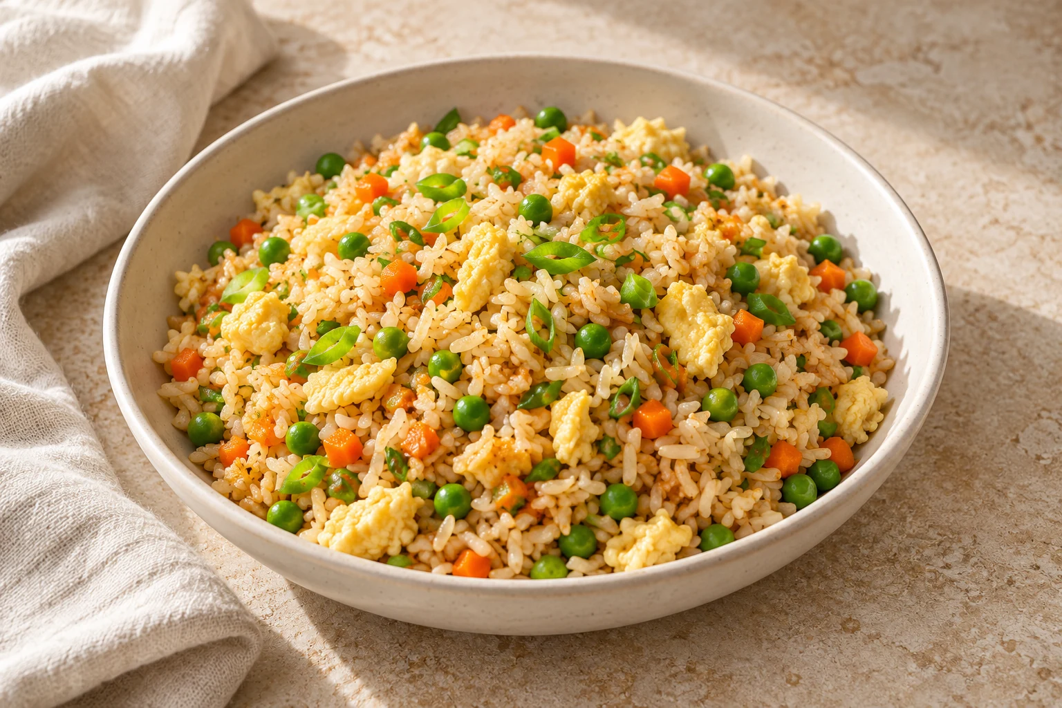 Golden fried rice with scrambled egg, peas, diced carrots, and sliced scallions in an ivory bowl
