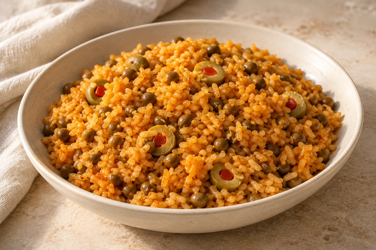 Loose golden-orange rice with pigeon peas and a few irregularly scattered pimento-stuffed green olive slices, without meat or garnish