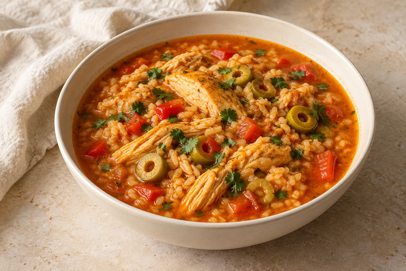 Orange-red soupy chicken-and-rice stew with irregular chicken pieces, red pepper, green olives, and a small uneven cilantro scatter