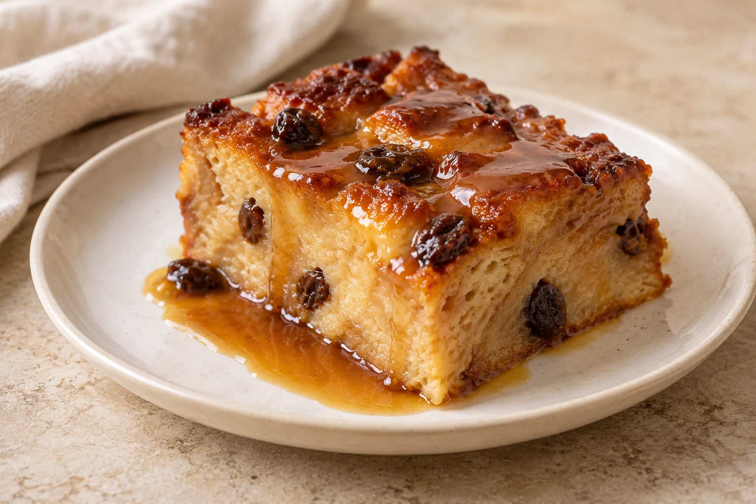Slice of dense moist caramel-topped bread pudding with a pale tan interior and a few raisins, without cream, fruit, or garnish