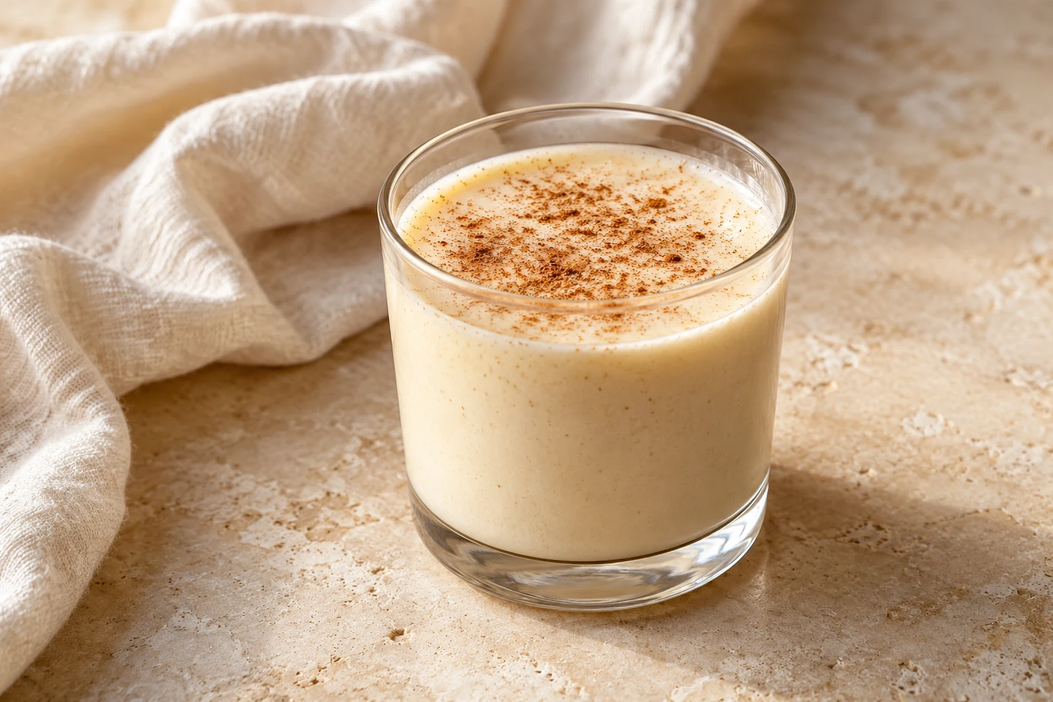 Creamy ivory coconut-rum drink in a small clear glass with a light uneven cinnamon dusting, without ice or cinnamon stick