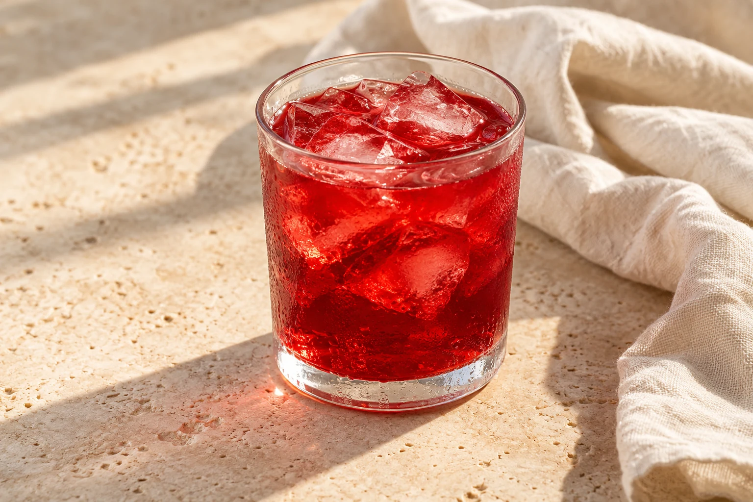 Ruby-red cranberry drink in a clear glass over naturally uneven ice cubes, without berries or garnish
