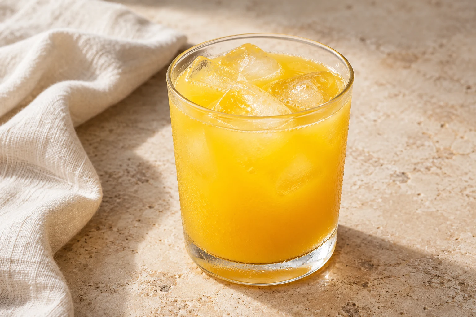 Yellow-orange strained passion-fruit drink over naturally irregular ice cubes in a clear glass, without seeds or garnish