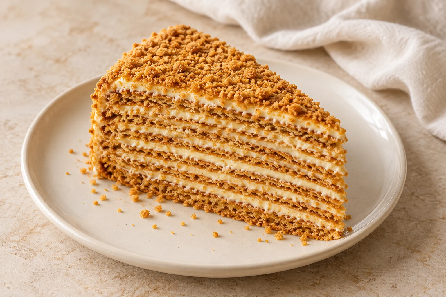 Slice of thin golden honey cake layers alternating with pale sour-cream filling, coated in irregular fine cake crumbs with no garnish