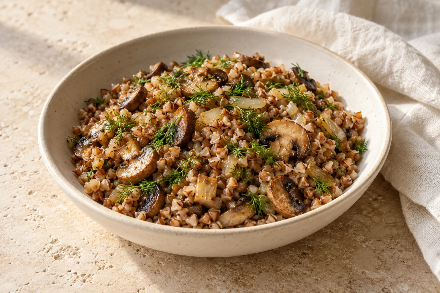 Separate brown buckwheat groats with irregular browned mushroom slices, golden onion, and a sparse uneven scatter of dill