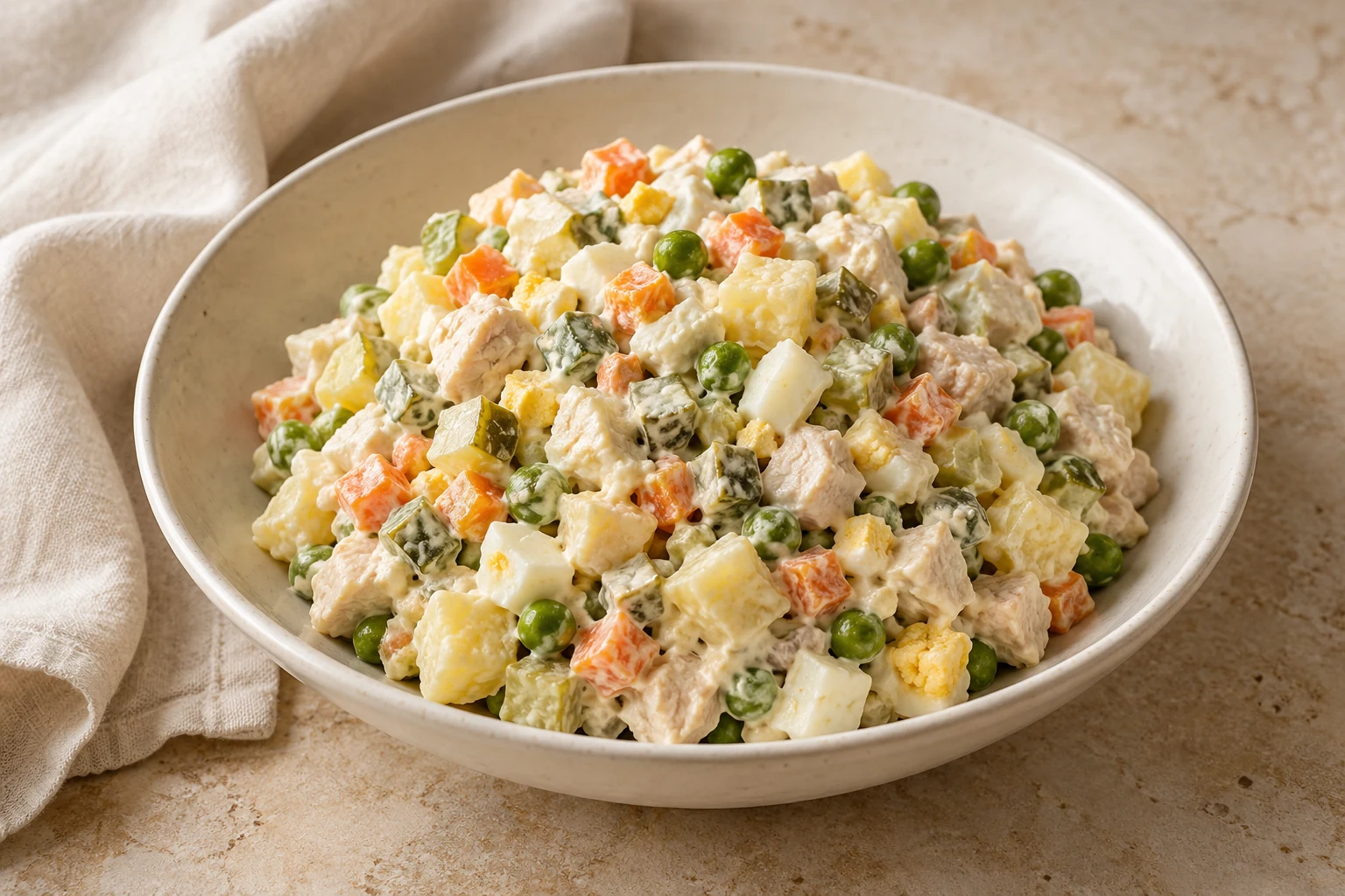 Creamy diced potato salad with chicken, orange carrots, green peas, hard-boiled egg, and pickle pieces, without garnish