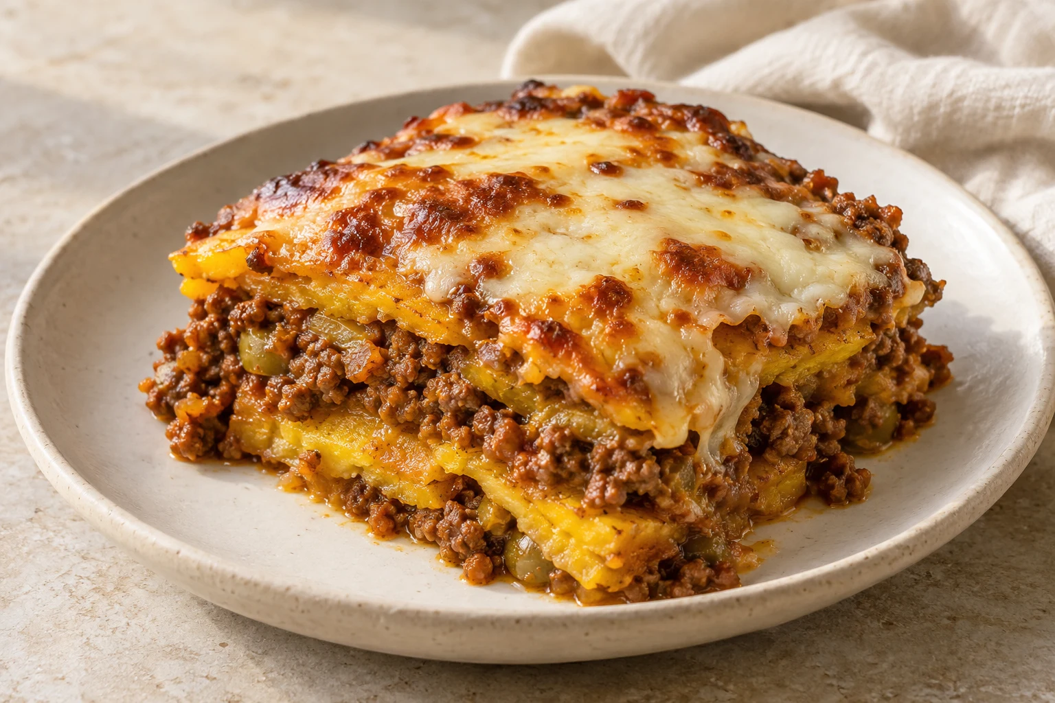 Slice of layered golden ripe plantain and tomato-seasoned ground beef with green olive pieces and a melted mozzarella top, without garnish