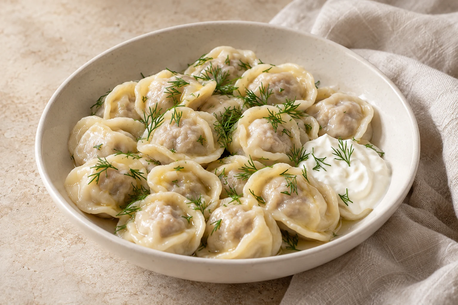 Small boiled meat dumplings with joined ends and naturally varied folds, a butter sheen, modest sour cream, and sparse chopped dill