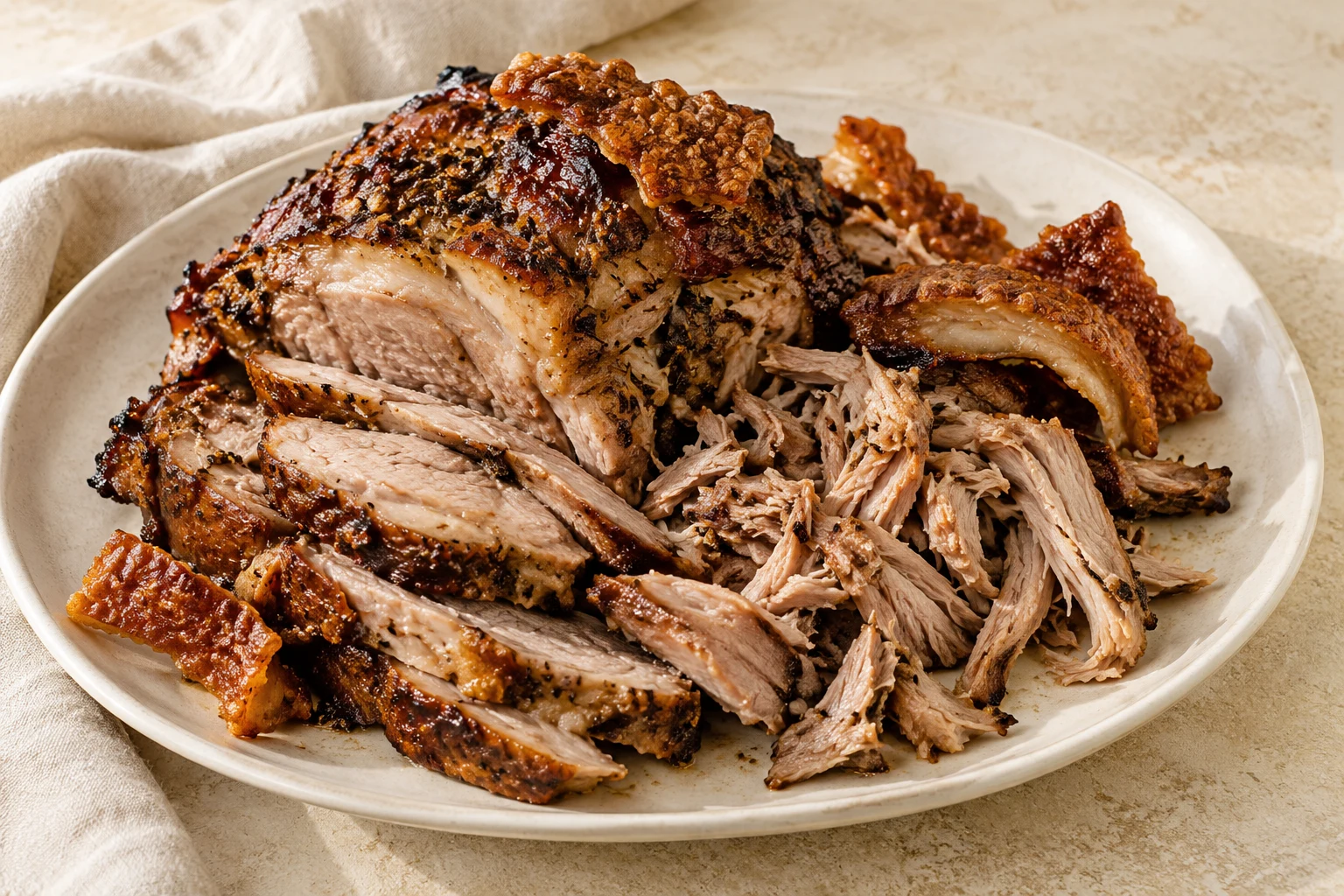 Tender roast pork pulled into uneven pieces with irregular crisp brown skin and browned edges, without side dishes or garnish