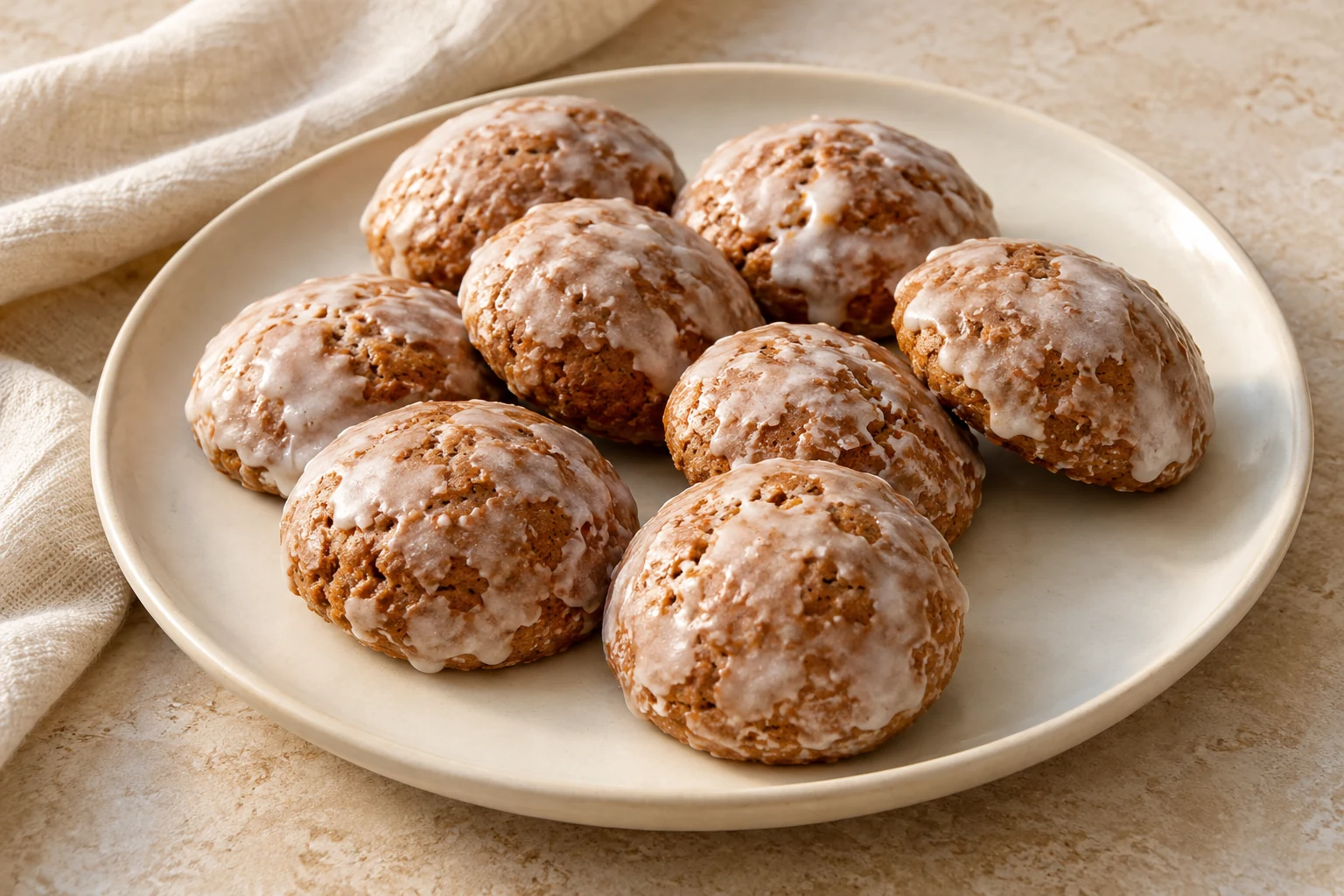 Small domed honey-spice cookies with naturally varied shapes and a thin uneven white sugar glaze, without piped decoration