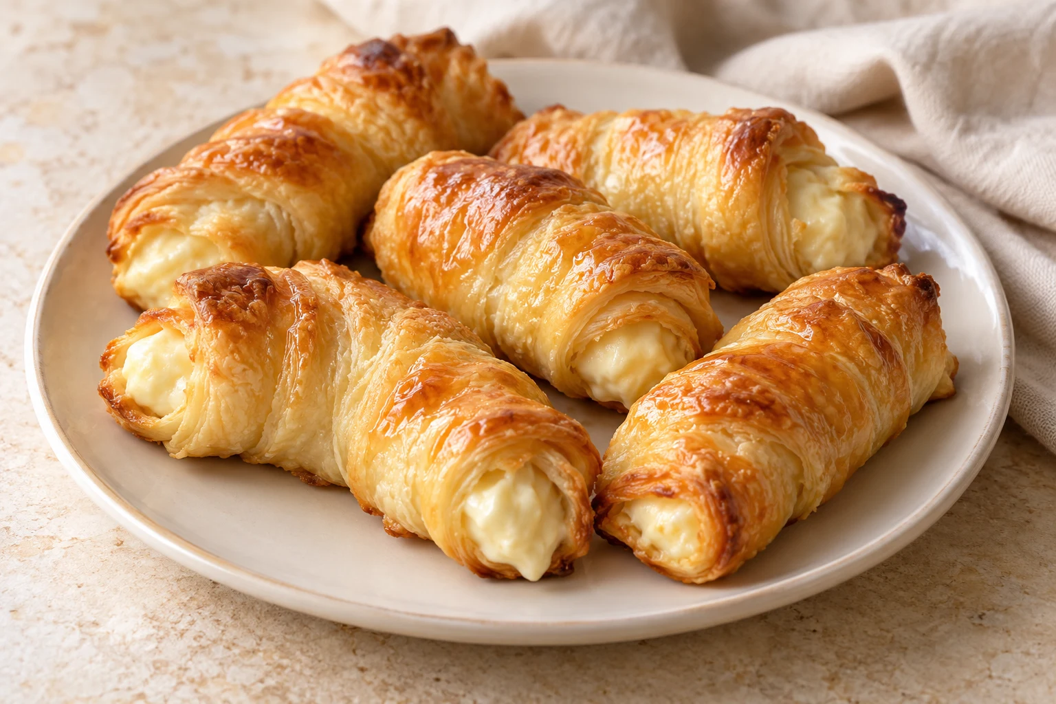 Golden folded oblong puff pastries with cream cheese visible at the ends and a thin clear shiny glaze, without fruit or white icing