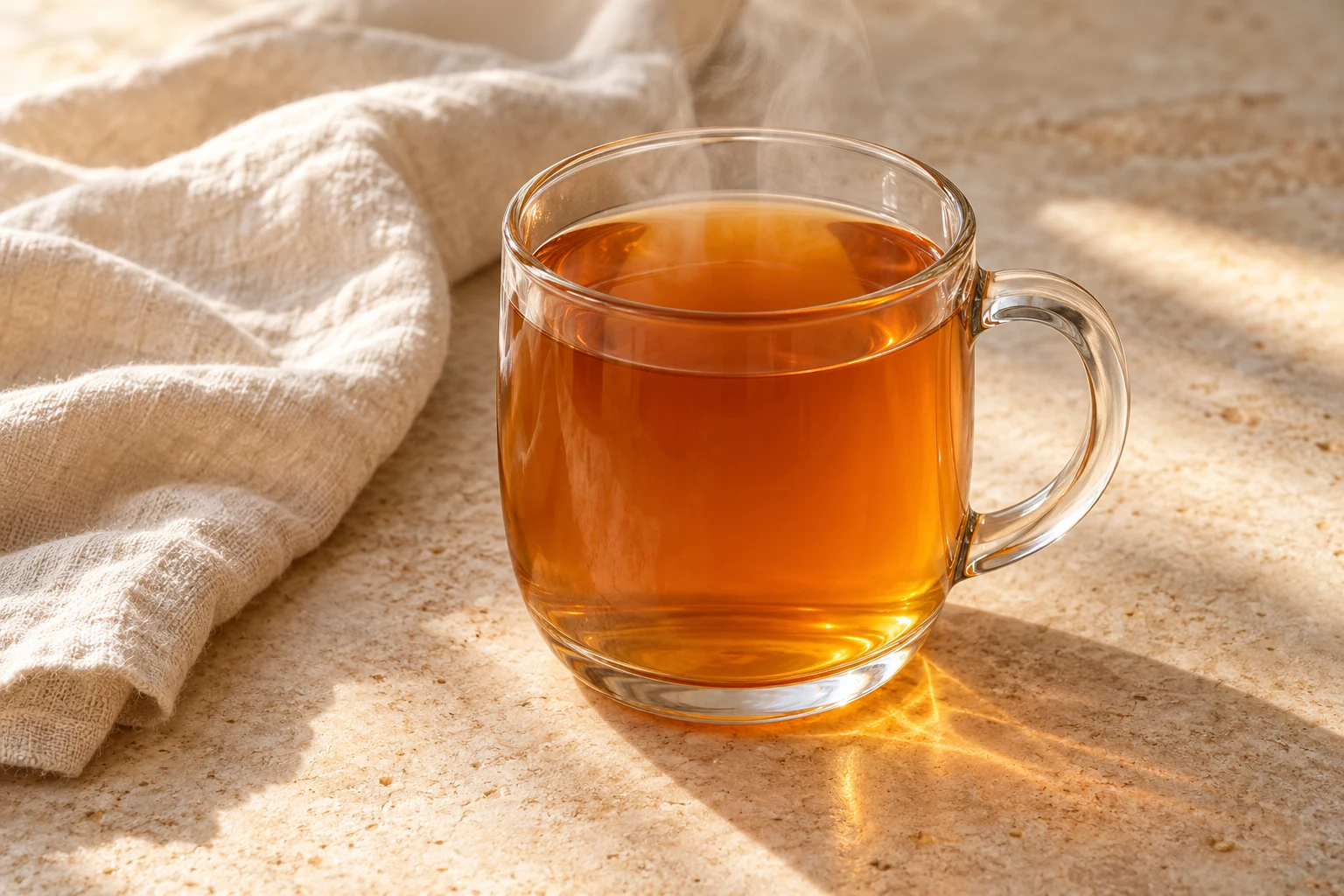 Clear amber honey-and-spice drink in a simple heatproof glass mug, without garnish